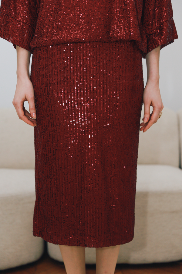 Sequin Burgundy Midi Skirt - SKIQUE