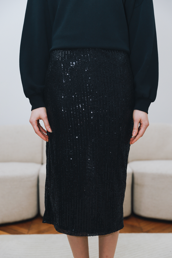 Sequin Black Midi Skirt - SKIQUE