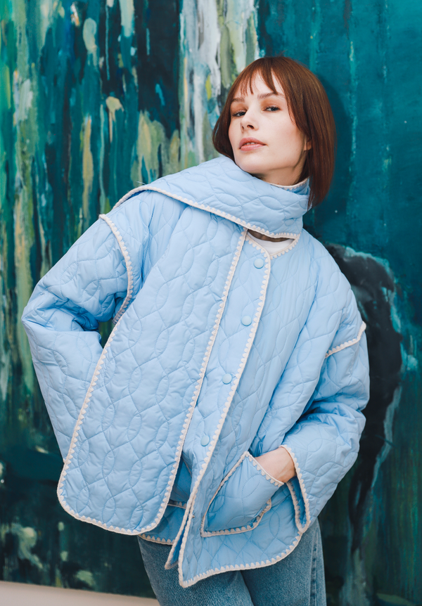 Light Blue Quilted Jacket & Scarf Set - JASET