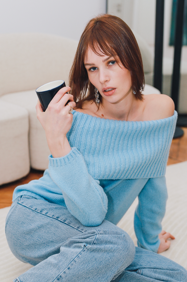 Baby Blue Off Shoulder Knitted Top - TOOF